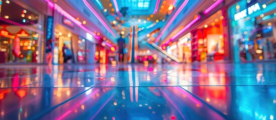 Brightly lit shopping mall building in blur