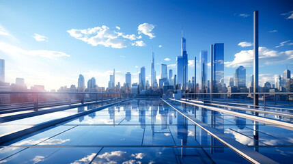 Fototapeta premium Futuristic skyscraper facade reflects blue sky in modern cityscape