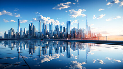 Futuristic skyscraper facade reflects blue sky in modern cityscape