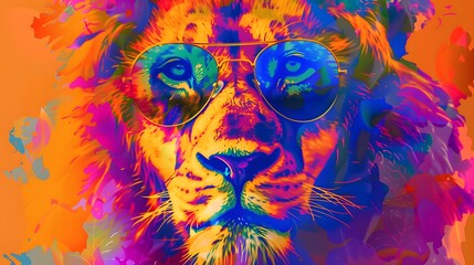 Abstract animal king of Lion portrait with colorful Afro hairs wearing sunglasses in Hawaii dress theme, Vibrant bright gradients background