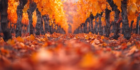 Beautiful vineyard pathway covered with autumn leaves, featuring vibrant orange and red foliage in a serene and picturesque setting, capturing the essence of fall