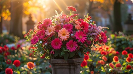 A beautifully arranged bouquet of pink and red flowers in a decorative pot, set against a backdrop of a sunlit garden in the early morning
