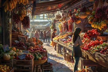 Obraz premium a bustling farmers market, sampling ripe fruit and fragrant cheeses. The air is alive with the hum of conversation and the aroma of delicious food