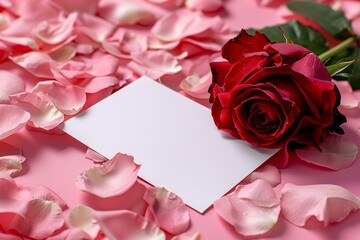 A closeup of a vibrant red rose positioned on a soft pink table