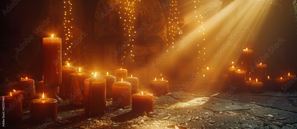 Poster array of lit candles on table