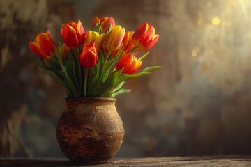 Closeup of a rustic vase overflowing with vibrant red and yellow flowers, creating a striking display with soft bokeh background