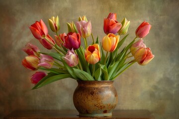 Closeup of a vase overflowing with vibrant tulips of various colors, creating a lively and cheerful display