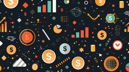A seamless pattern featuring various investment icons such as graphs, coins, and dollar signs on a sleek, dark background
