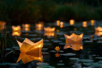 Aerial view of paper boats floating on a lake, illuminated by sunlight, creating a whimsical scene