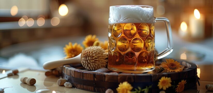 Beer mug on wooden barrel