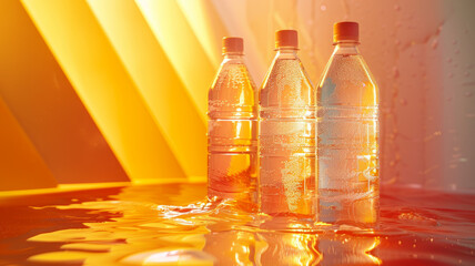 Three water bottles with condensation, illuminated by sunlight