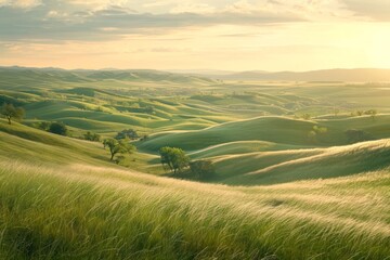 Lush grassy field with trees and rolling hills in the background under a clear sky