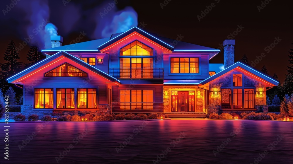 Poster Design a cross-section of a futuristic house with customizable holographic interfaces that allow occupants to control various aspects of the