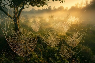 Spider web in the middle of a field, intricately woven and adorned with morning dew, capturing the essence of natures delicate craftsmanship - Powered by Adobe