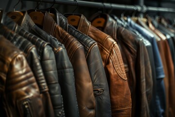 Fototapeta na wymiar Row of leather jackets hanging on rack, showcasing different styles and colors with play of light