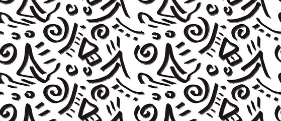 Seamless abstract textured pattern. Simple background with black lines, curves, house, stains on white. Digital brush strokes. Design for textile fabrics, wrapping paper, background, wallpaper, cover.