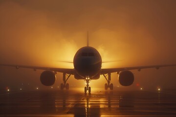 A commercial jetliner with engines idling, parked on the tarmac of an airport runway, awaiting...