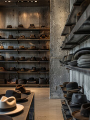 A hat shop with wide-brim hats displayed on wooden shelves.