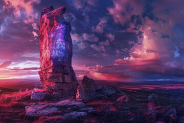 A large rock stands prominently in the middle of a vast field under a pink and XRWOf sky - Powered by Adobe