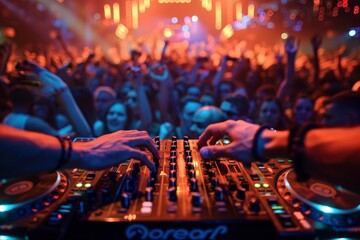 A DJ energetically mixing music on stage in a nightclub, surrounded by a crowd of enthusiastic...