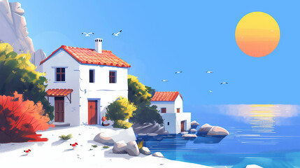 A beautiful Greek coastal village, blue sky, birds in the sky, sun light, minimalistic elements