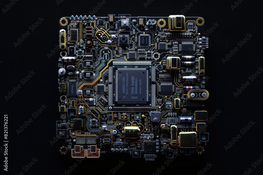 Poster a close up of a computer chip with a black background. the chip is made up of many small parts and i