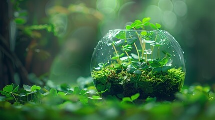 Beautiful lovely terrarium in grass ground with morning dew, macro, soft focus.