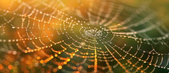 Delicate spider web adorned with dew drops