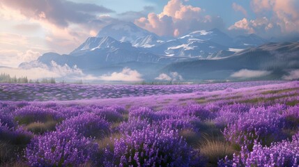 Blooming lavender fields with a distant mountain backdrop --ar 16:9 Job ID:...