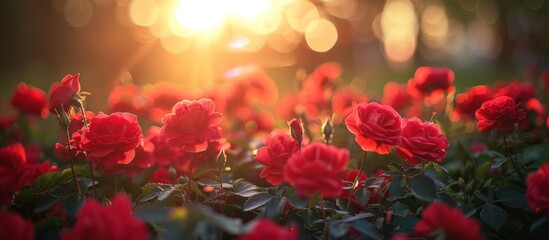 Vibrant red flowers field under the setting sun