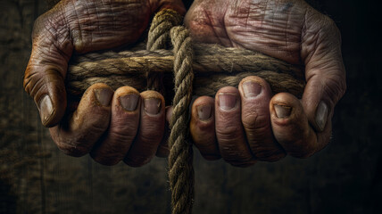 Elderly male hands gripping a coarse rope, showing strong grip.