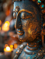 Obraz premium Close-up of an ornate Buddha statue with glowing background lights.