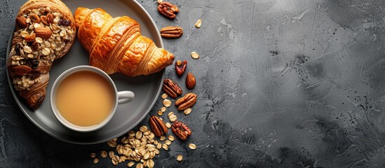 A cup of coffee and a croissant on a plate