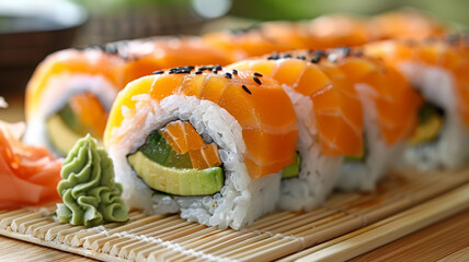 Close-up of sushi rolls with salmon, avocado, and rice on a bamboo mat. - Powered by Adobe