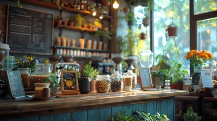 Charming and Cozy Coffee Shop with Rustic Decor and Fresh Greenery, Featuring an Inviting Counter with Artisan Coffee and Pastries