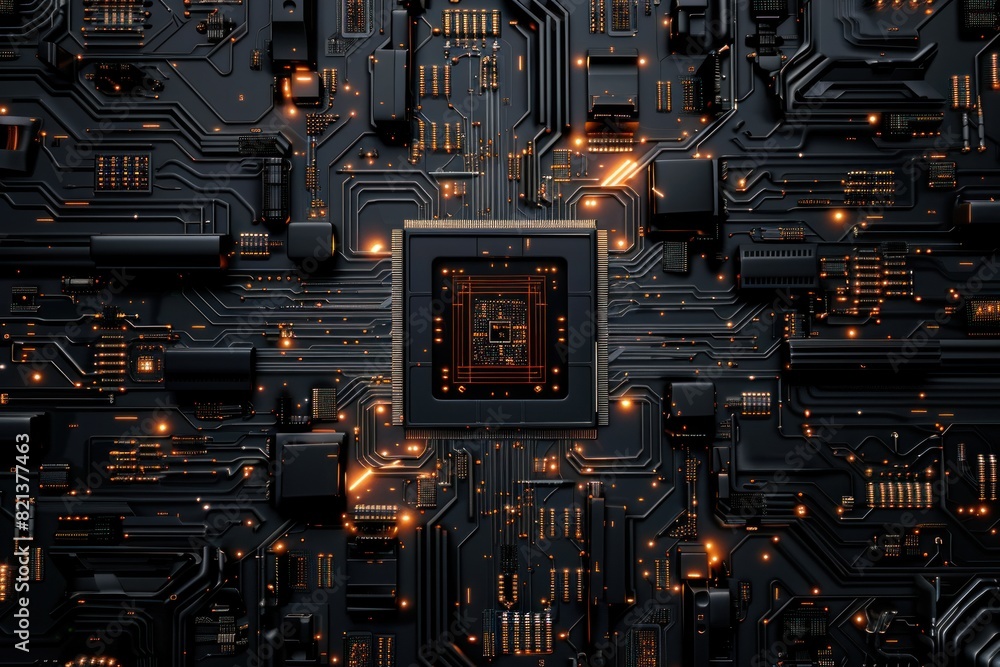 Poster a close up of a black computer chip with a glowing orange background