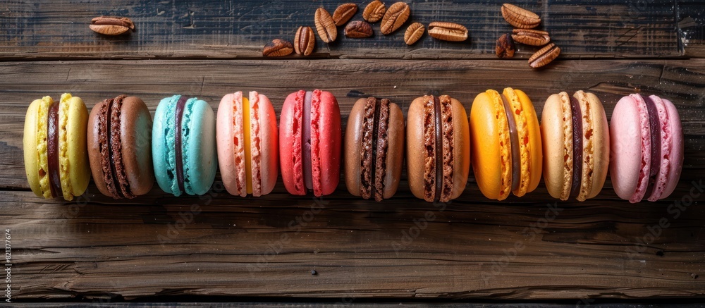 Poster assorted macaroons of various colors neatly lined up on a rustic wooden table.