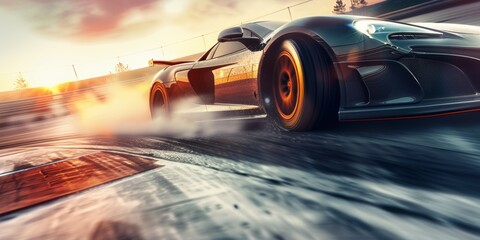 Sport Car Racing on race track, Car wheel drifting