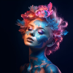 Portrait of the bright beautiful girl with art colorful make-up and bodyart.