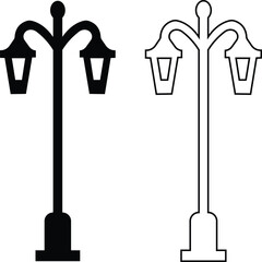 street light lamps and spotlights flat and line icon set. Old and modern street lamp black silhouette city vintage glowing in darkness road in dusk vector collection isolated on transparent background