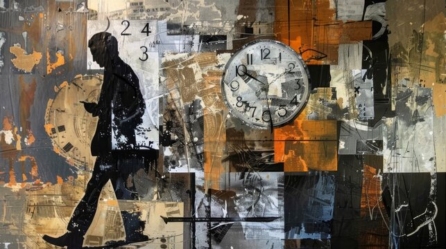 Collage of abstract art and time concept - A complex collage combines human silhouette, clocks, and abstract elements evoking the concept of passing time