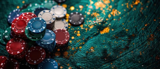 Colorful casino chips close up on table - Powered by Adobe