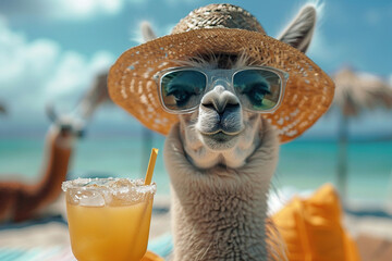 Llama in a brimmed hat and a cocktail at the resort. Vacation concept. Generated by artificial intelligence