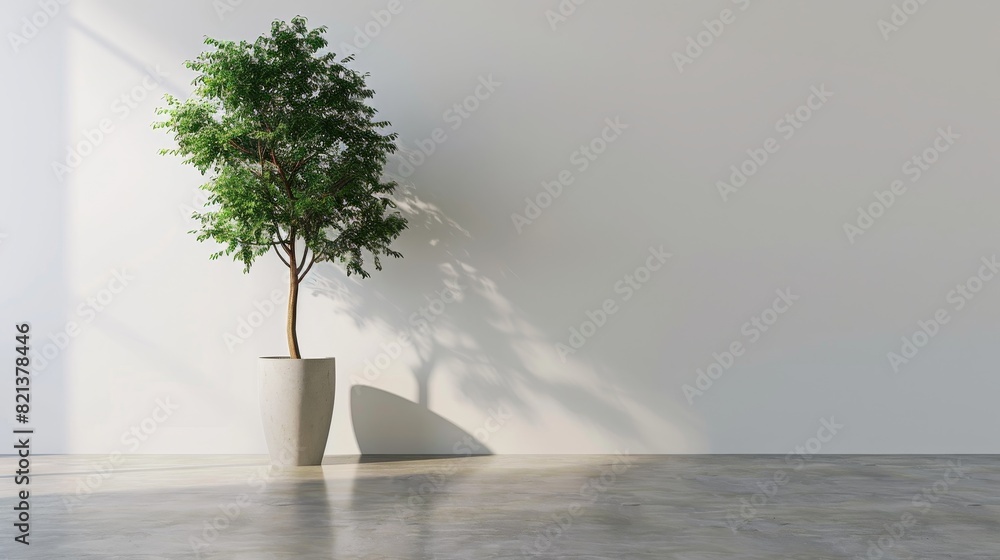 Poster clean indoor setup with a tree casting a long shadow - a lone potted tree in a clean, minimalist roo