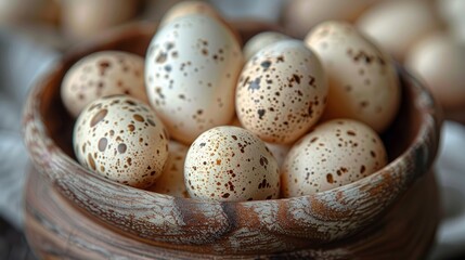 Obraz premium a large number of small spotted quail eggs on the table, fresh quail eggs on the table while cooking a dish with eggs
