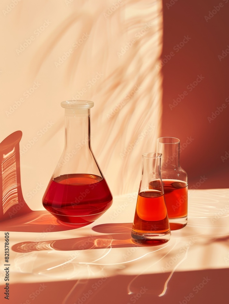 Poster two lab flasks with reddish liquid and shadows - a pair of flasks containing a reddish solution on a