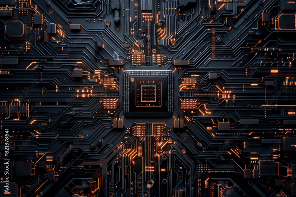 Poster a close up of a computer chip with a lot of orange and black colors. concept of complexity and sophi