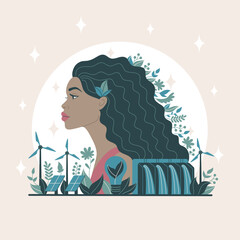 In this flat art illustration, an African woman's profile is adorned with green leaves and surrounded by symbols of renewable energy, embodying the Save the Planet concept. 