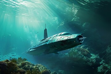 Fototapeta premium Underwater exploration with high-tech submarines view, AI generated