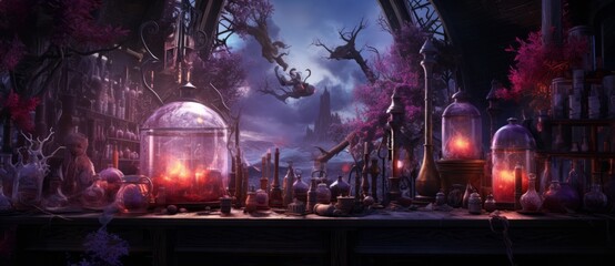 Medieval laboratory with magic potion. Halloween concept.